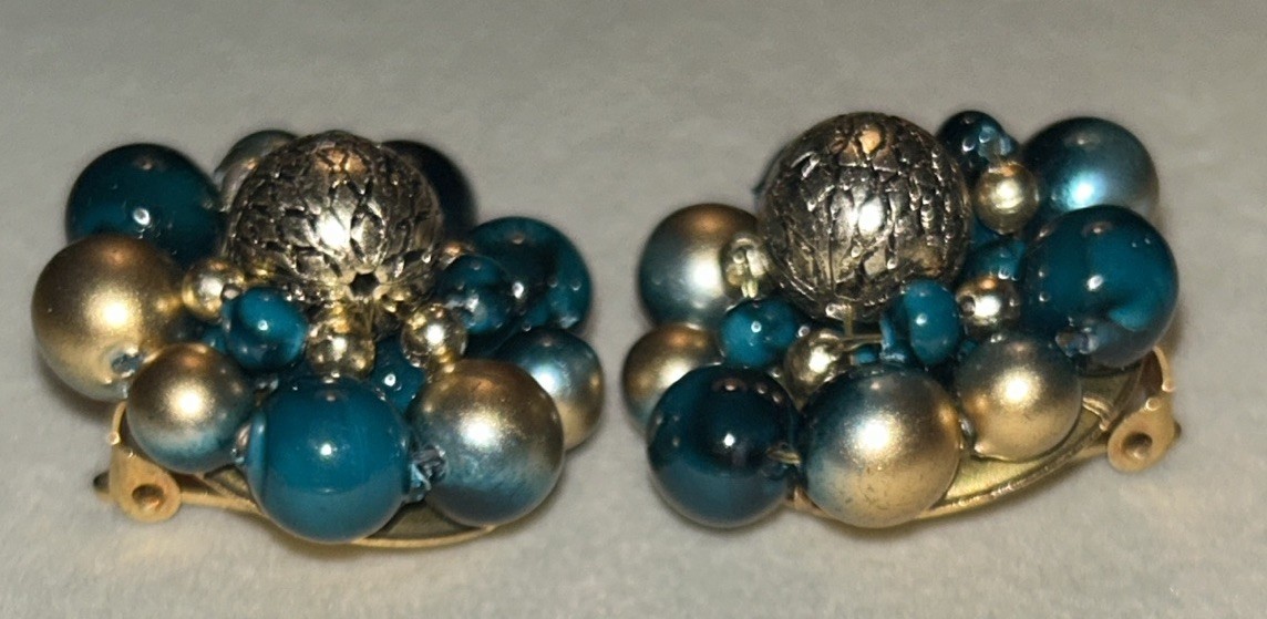 Vintage Hong Kong Cha Cha Cluster Clip Earrings Teal Gold Glass Beads 1960s MCM