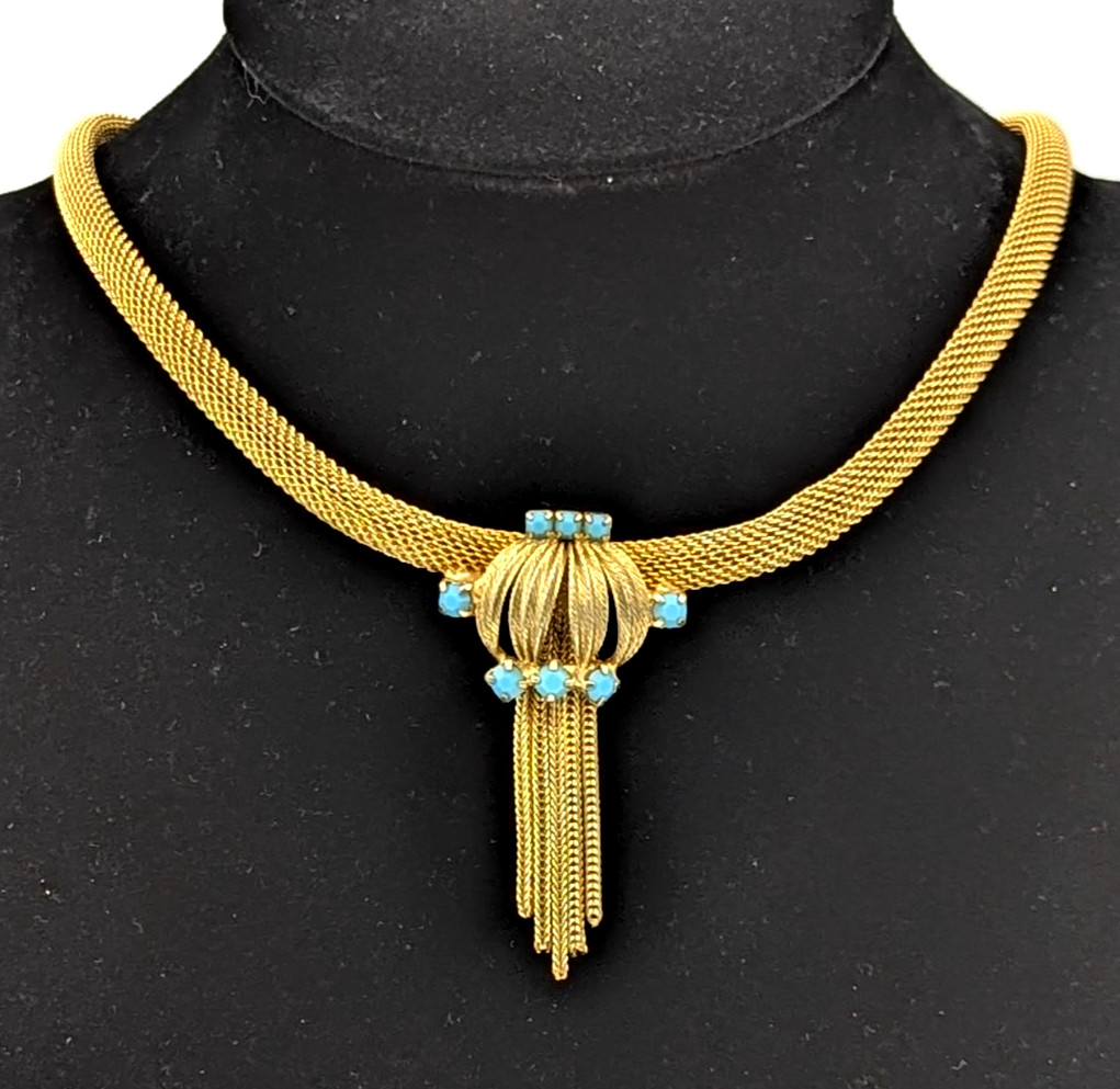 Vintage Mesh Tassel Fringe Necklace Faux Turquoise Gold Tone Victorian Revival