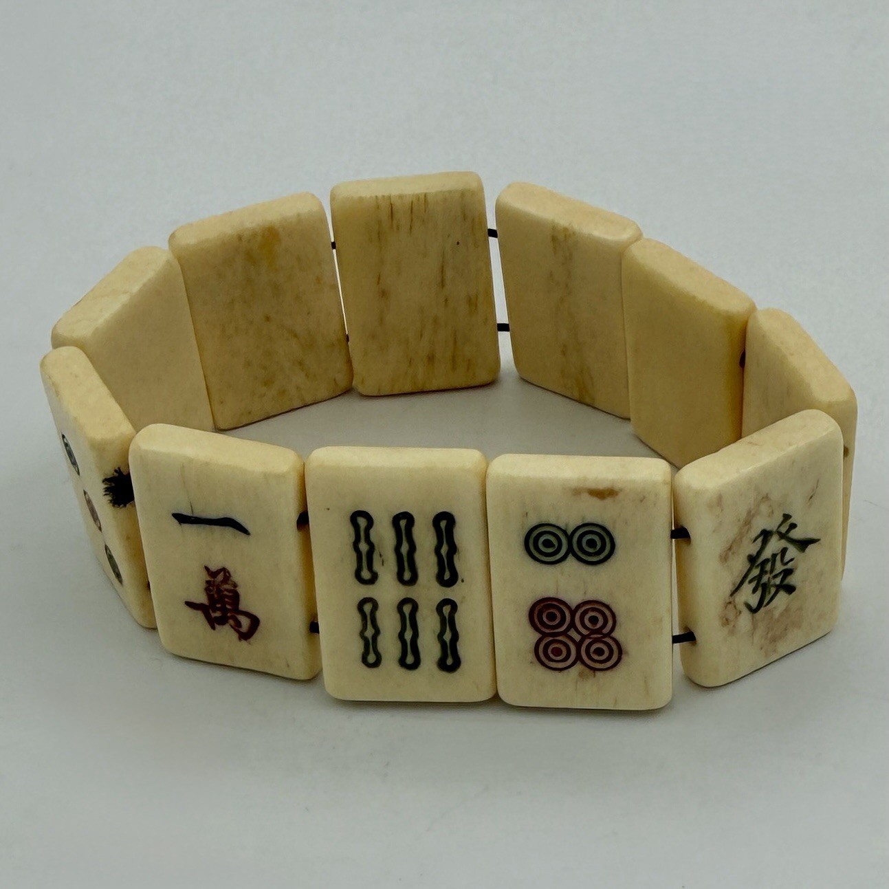 Vintage Bone Mahjong Tile Bracelet With Elastic 1” x 5/8” Tiles