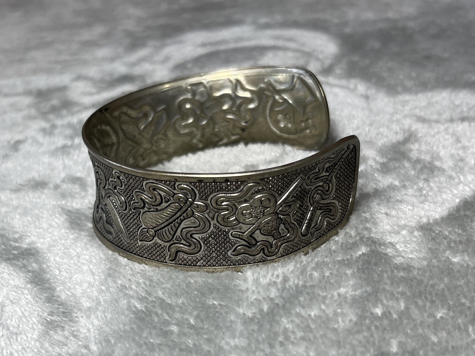 Silver Tone Metal Bracelet w Flowers, Daggers & Other Designs Signed !!
