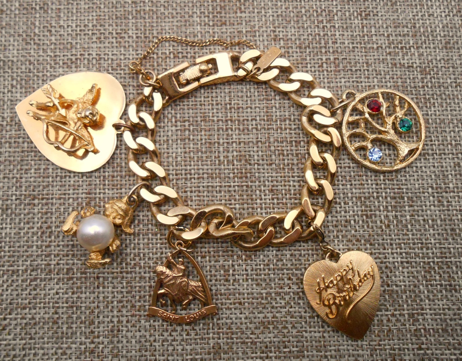 MONET Charm Bracelet & 5 Charms Birthday GF St Louis Family Tree Cupid Elf N30