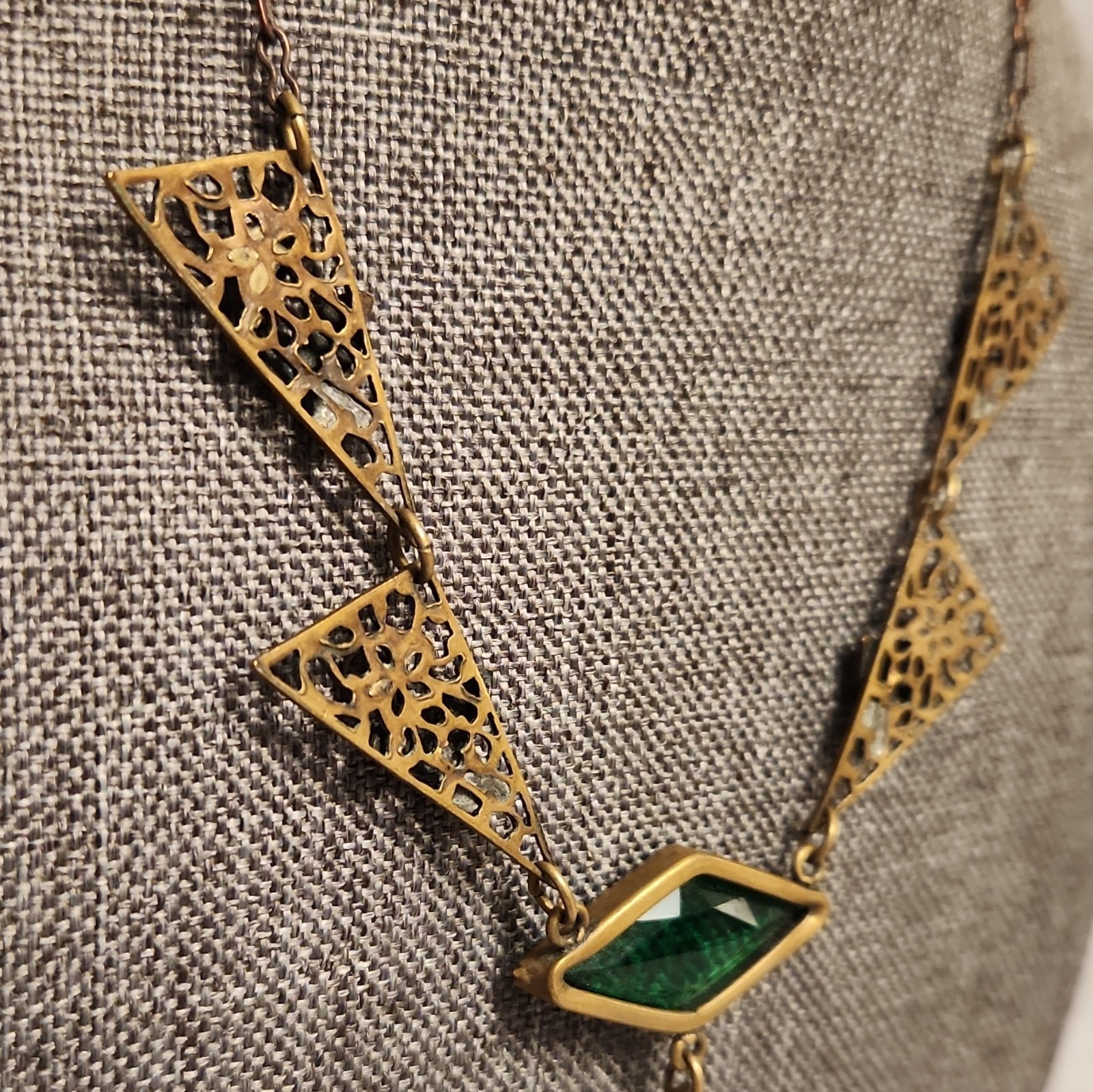 Vintage 1920’s transition style brass, enamel, green glass paste necklace