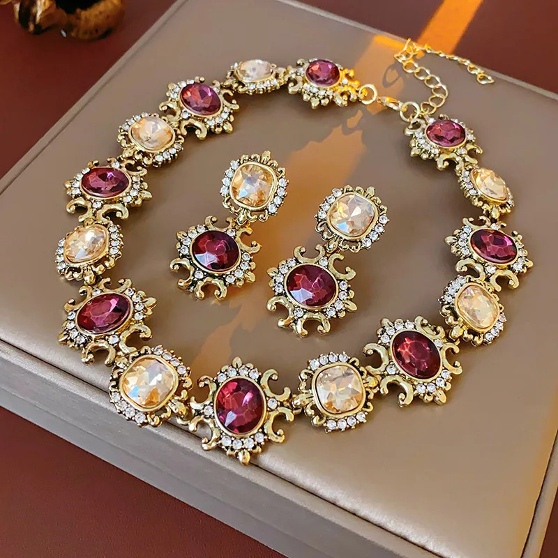 Vintage Purple Rhinestone Necklace Drop Earrings for Women Palace Style