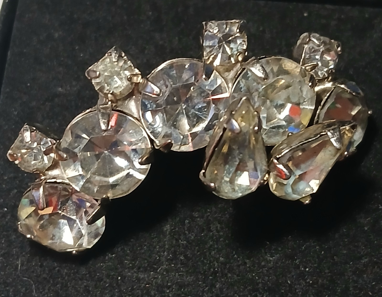 Vintage clear rhinestone crystal cluster half moon shaped brooch pin