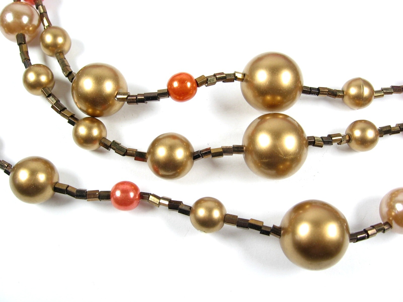 Triple Strand BRIGHT GOLDEN, BROWN, ORANGE Beads Necklace Vintage Beaded 20″