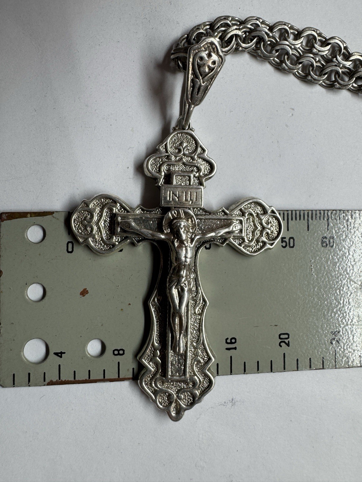 Huge 925 Sterling Silver Orthodox Cross & 25″ Bismarck Chain Set 49g Russia