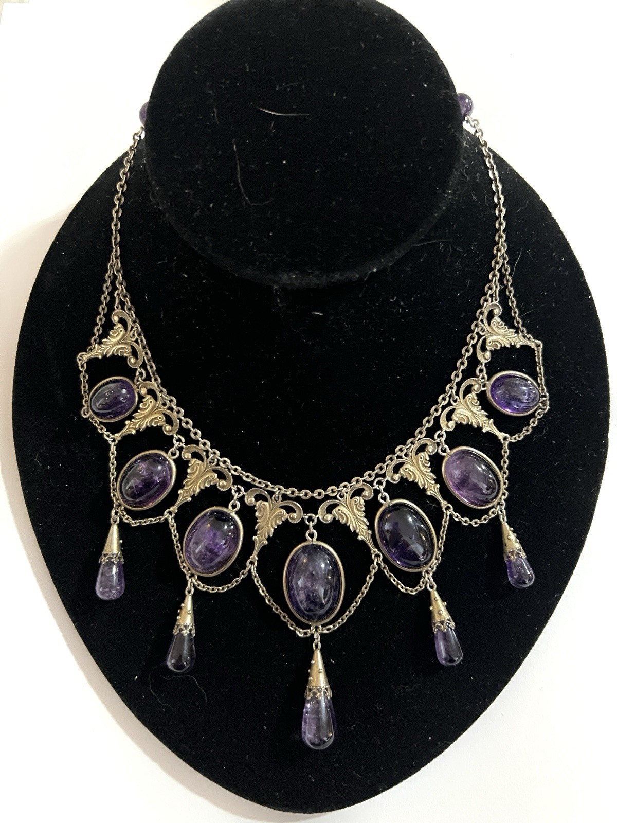 ANTIQUE VICTORIAN STERLING SILVER GILT LARGE AMETHYSTS NECKLACE CHOCKER