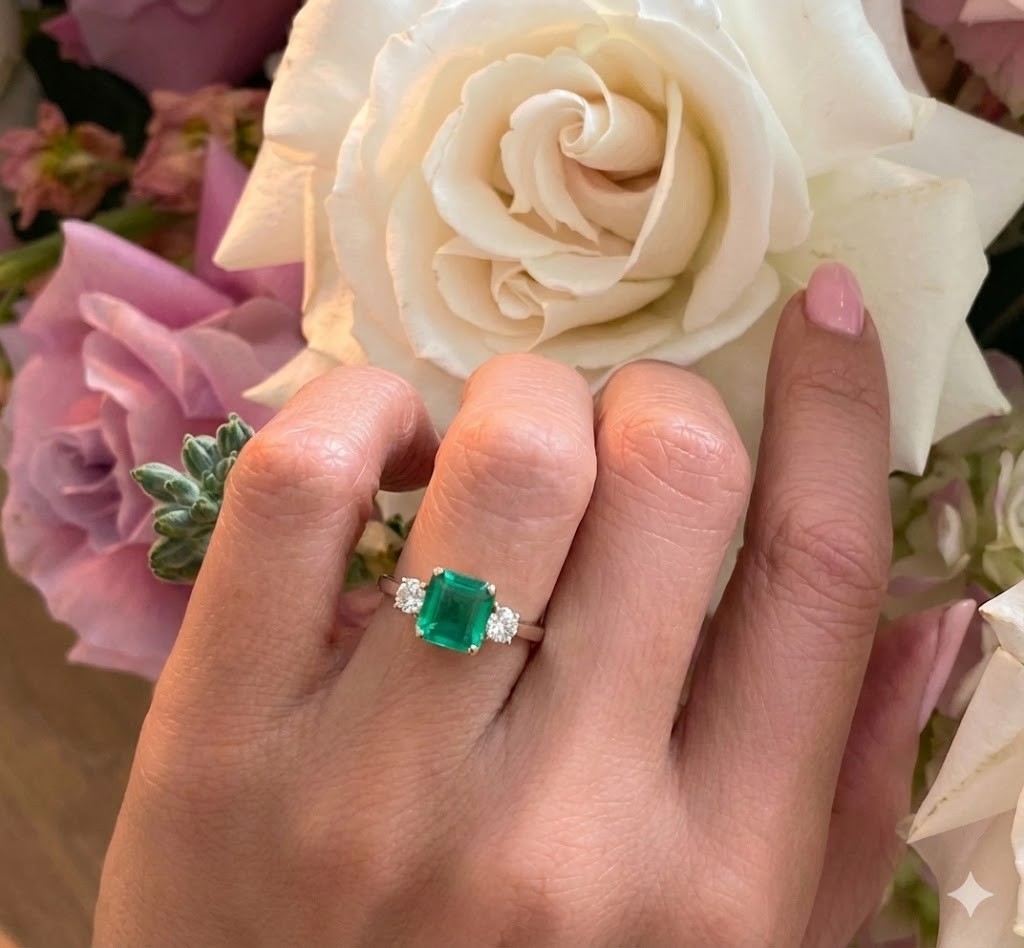 Vintage 14K Gold Engagement Ring 2.21CT. Natural Green Emerald Square Shape