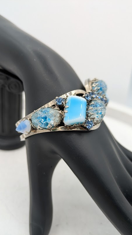 Vintage Rhinestone Clamper Bracelet Crackle Cabochon Blue Glass