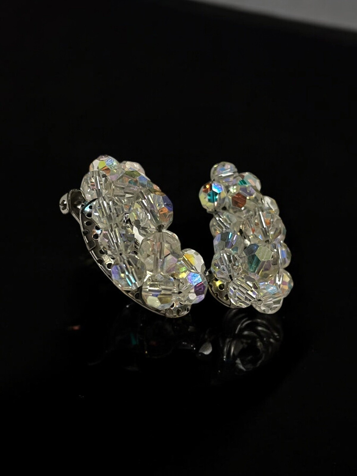 Vintage Climber Aurora Borealis Cluster Clear Clip On Earrings Mid Century