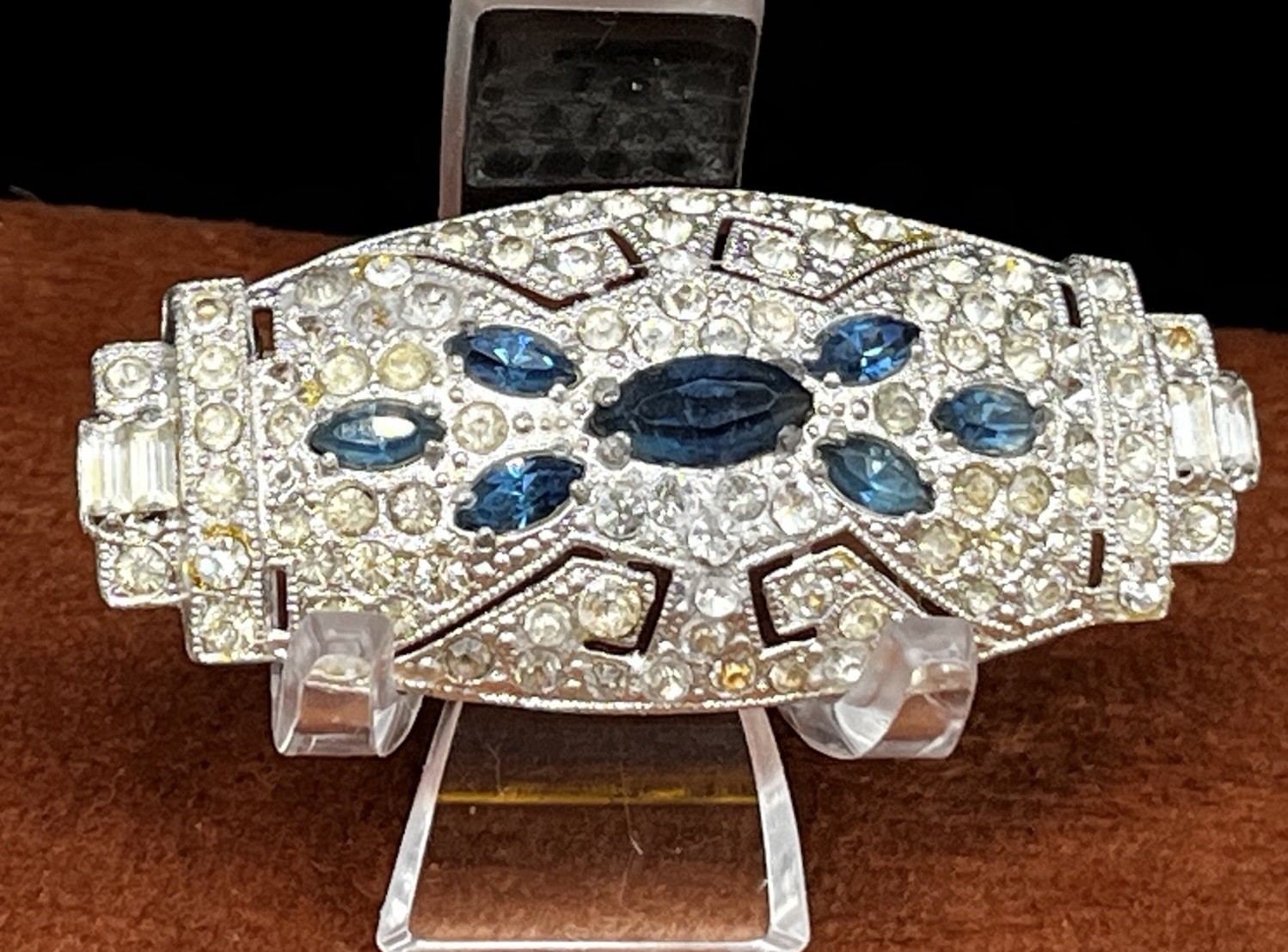 Art Deco Blue Uranium Glow Clear Paste Brooch w/ Baguette & Pavé Rhinestones 2”