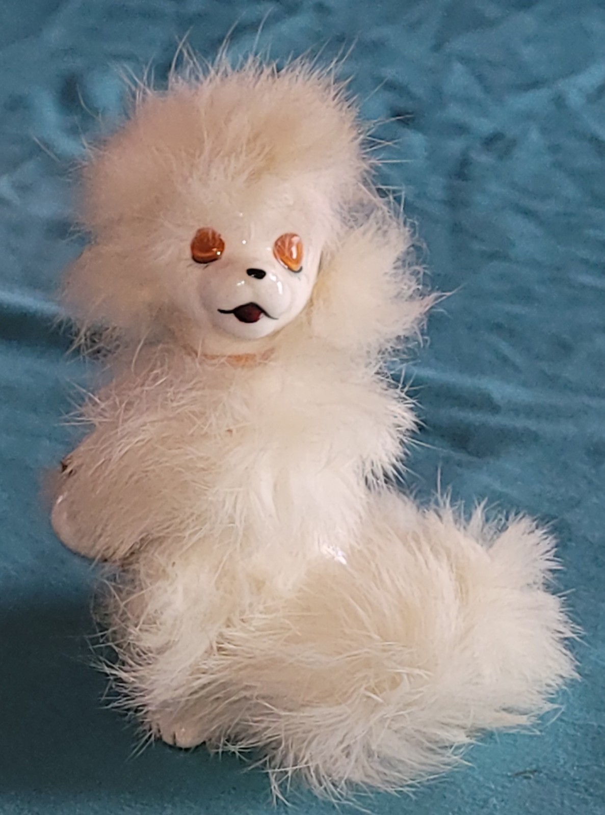 White Poodle Vintage Real Fur Attached Hand Painted Ceramic Home Or Office Decor