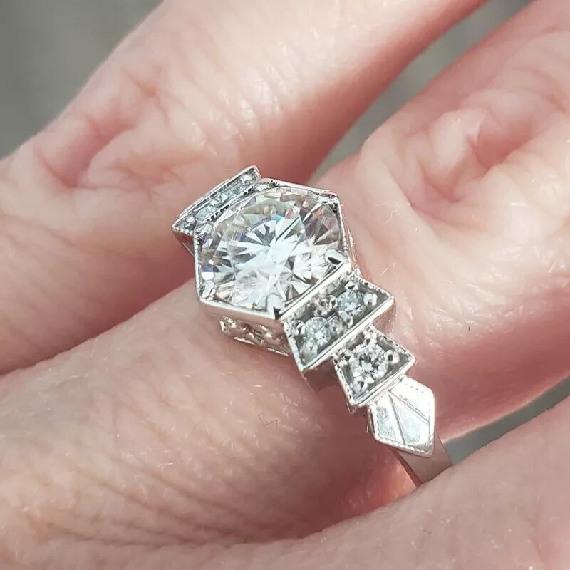Antique Art Deco Round Cut Lab Created Diamond Womens Engagement 925 Silver Ring