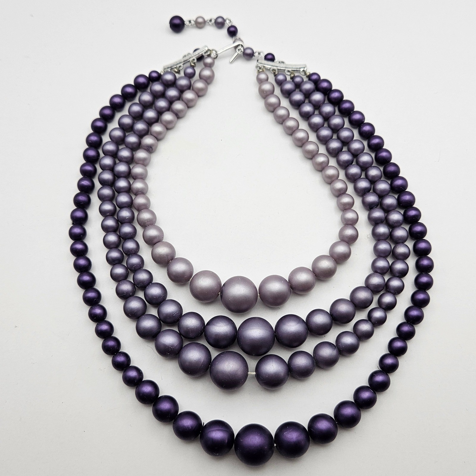 Vintage Purple Ombre Faux Pearl Bead 4 Strand Bib Necklace Graduated Lavender