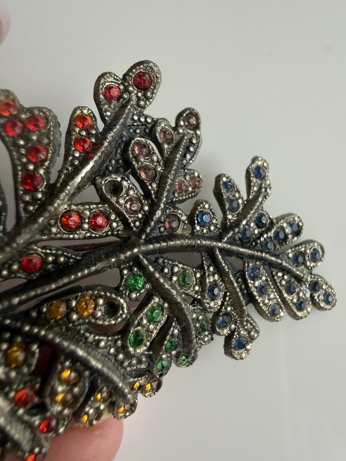Little Nemo Brooch Leaf Rhinestones Red Blue Green Yellow Silver Tone 2.75”