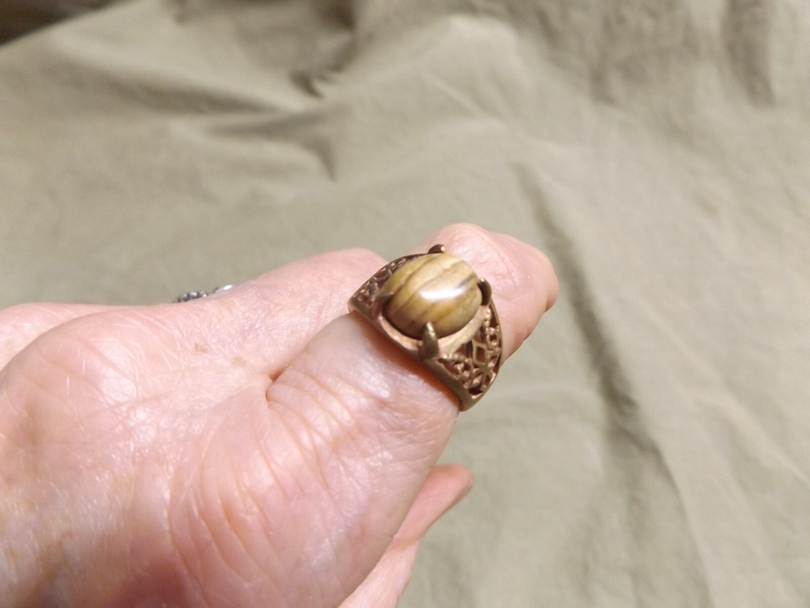 Vintage Cast Brass? Ring w Striped Jade? Oval Stone Unused Size 7.5+