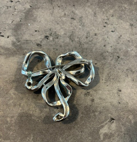 VINTAGE Lot of 2 Silver Tone Rhinestone Bow Shaped Brooch Pin