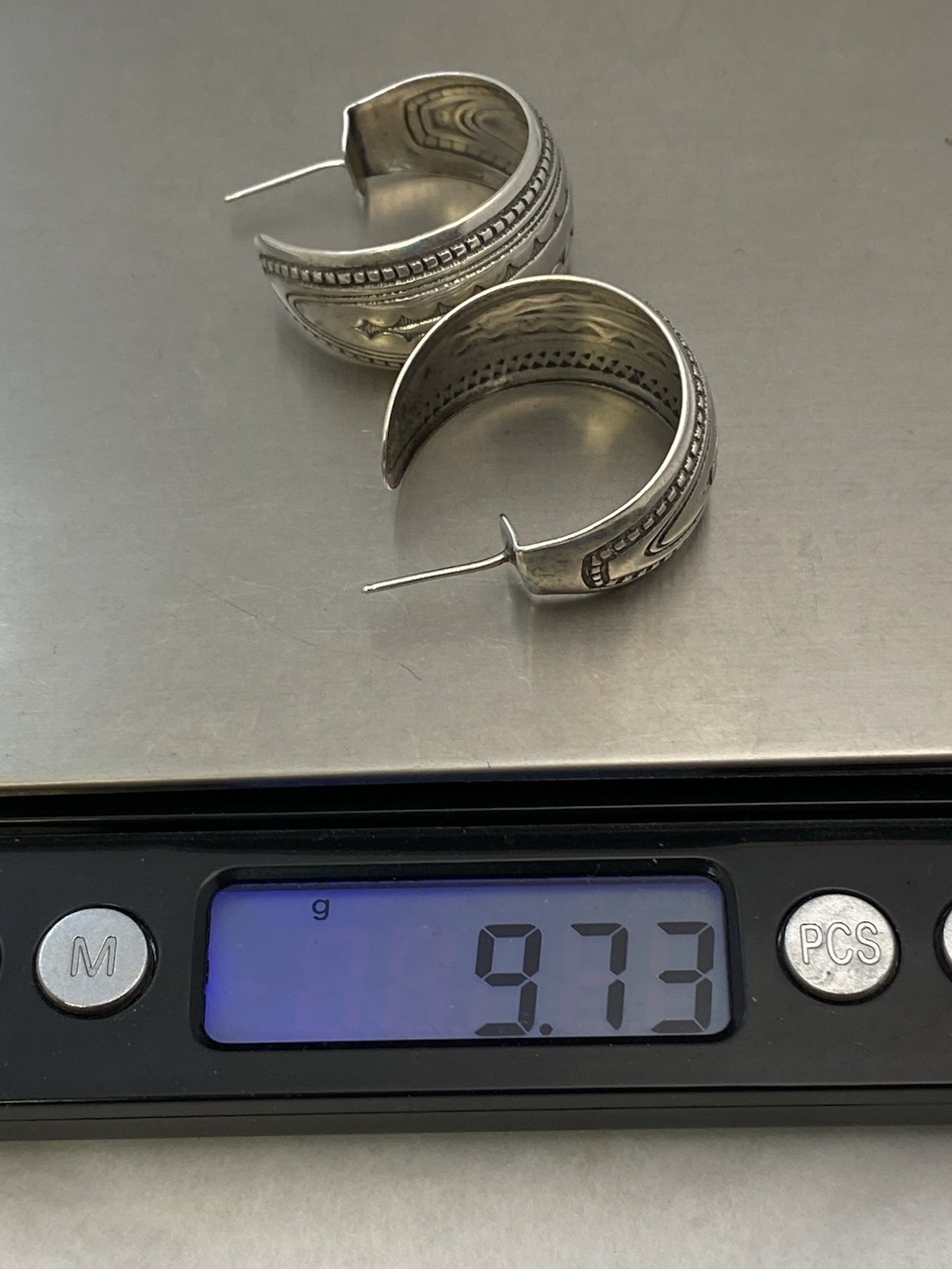 Sterling Silver Hoop Earrings Stamped Design 1″ x 5/8″ 9.7 g Pierced Post