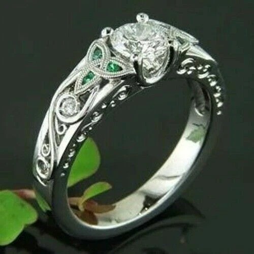 Art Deco Style Lab Created Diamond &Emerald Anniversary 14K White Gold FN Ring