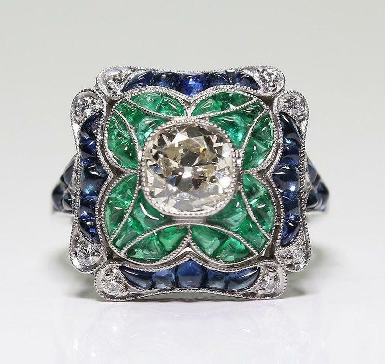Art Deco 5.55 Ct White Round Cut Sapphire Emerald CZ Flower Wedding Ring In SS