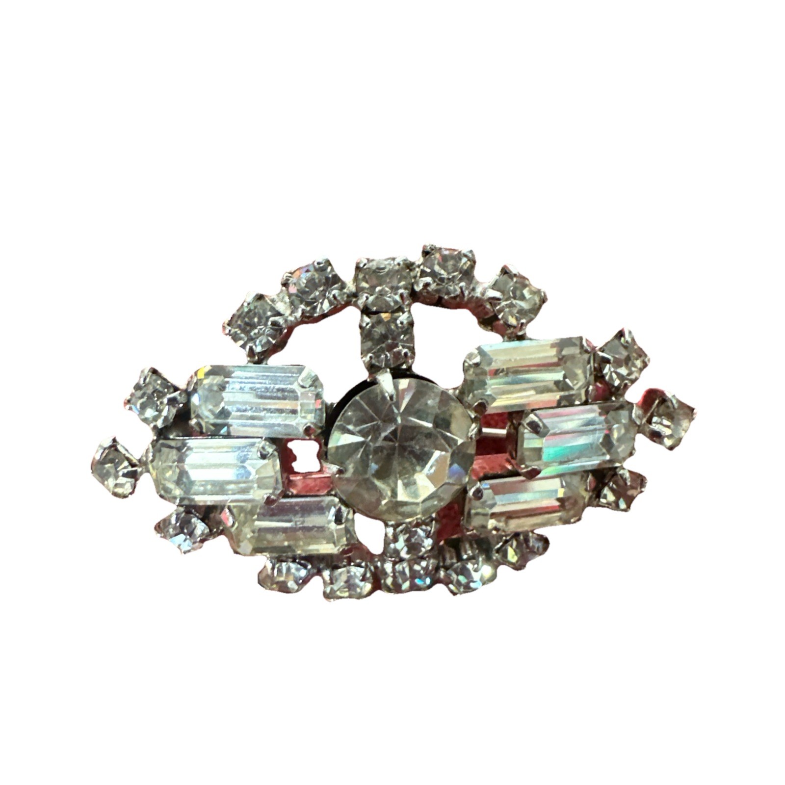 Unique “Made In Austria” Vtg. Rhinestone Brooch And Earrings Set Silver Tone