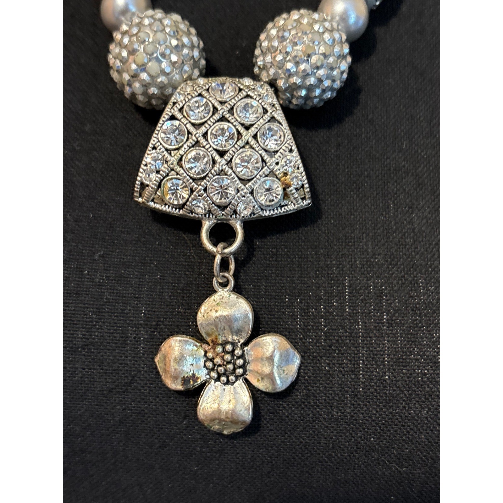 Vintage Silver Tone Statement Necklace Faux Pearl Rhinestone Flower Toggle 25in