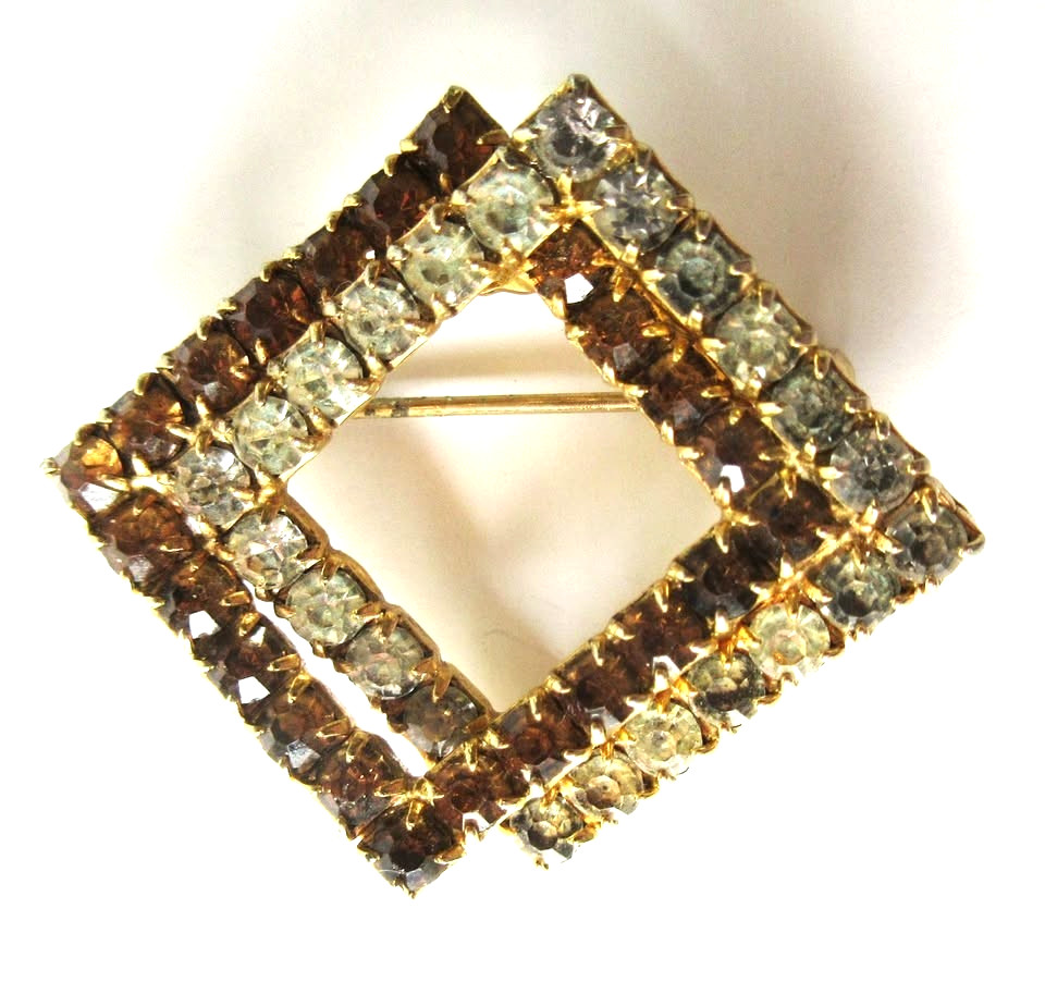 Vintage Amber & Clear Rhinestone Pin And Amber Bracelet