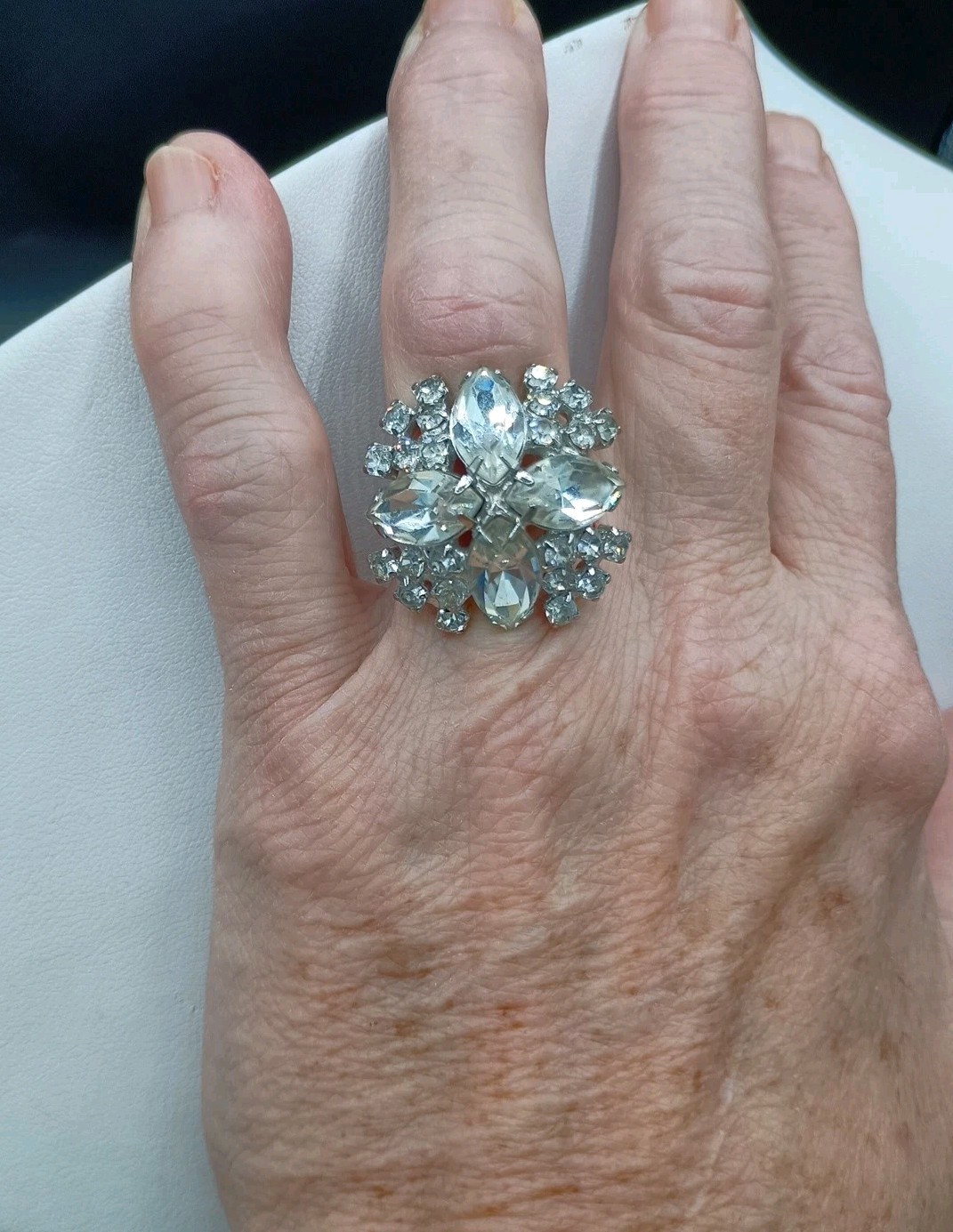 Vintage Rhinestone Cross Ring Adjustable Chunky Statement Clear Sparkle Glam