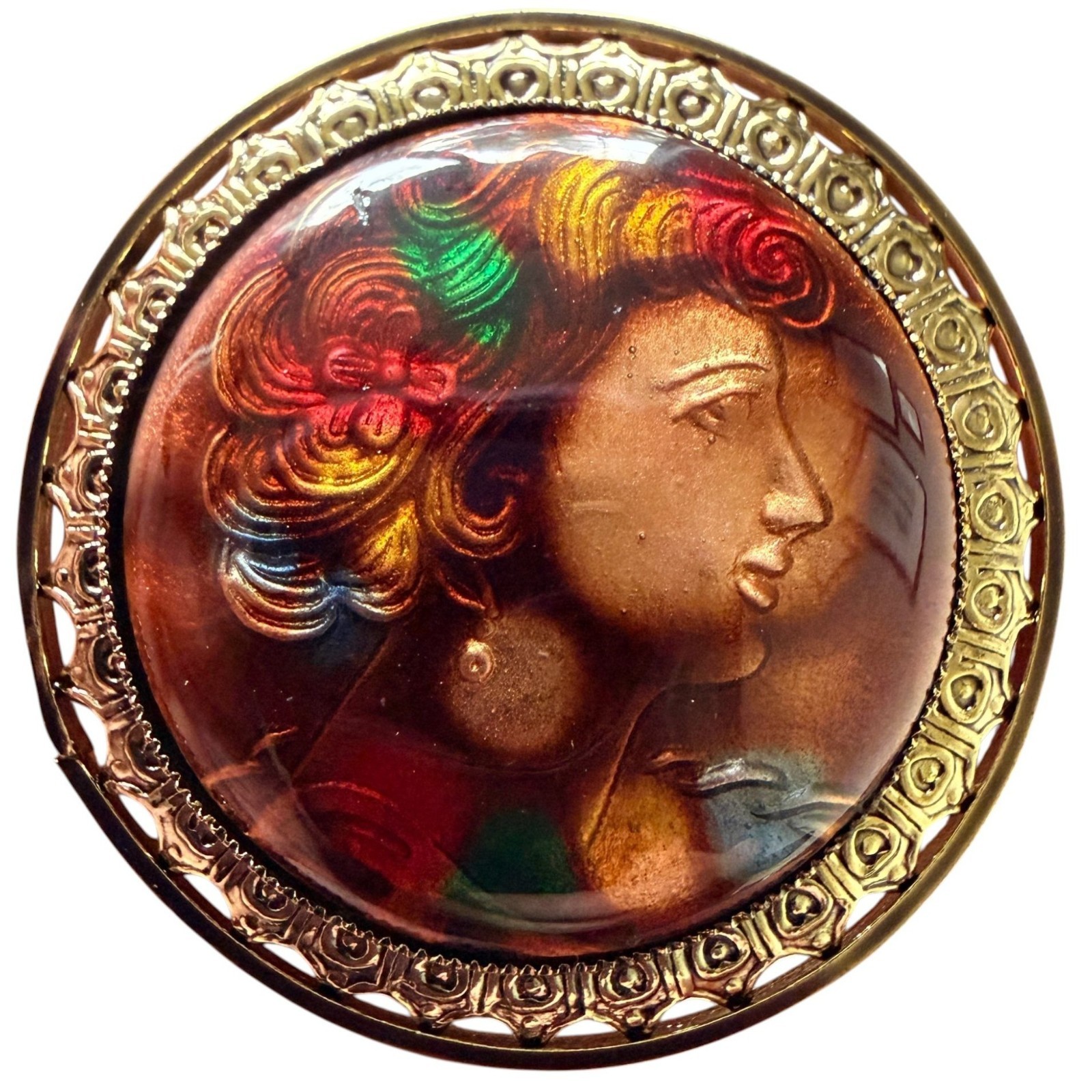 Vintage 1950s Reverse Carved Lucite Renaissance Lady Brooch New Old Stock