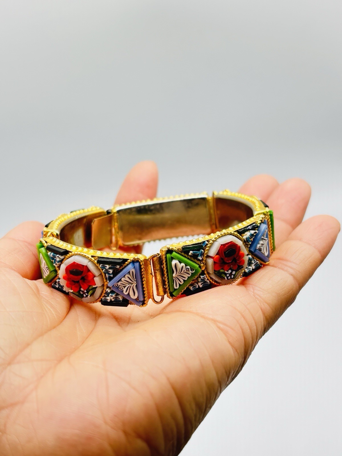 Vtg ITALIAN Mosaic Flower Red Green Yellow Gold Tone Bracelet