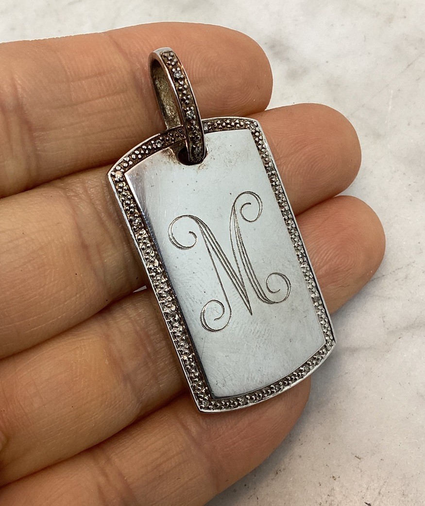Vintage 925 Sterling Silver CZ Initial M Dog Tag Pendant