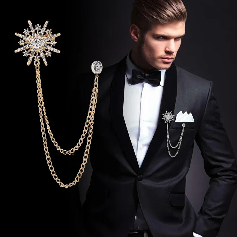 Rhinestone Star Brooch Crystal Tassel Chain Corsage Suit Coat Badge Lapel Pins