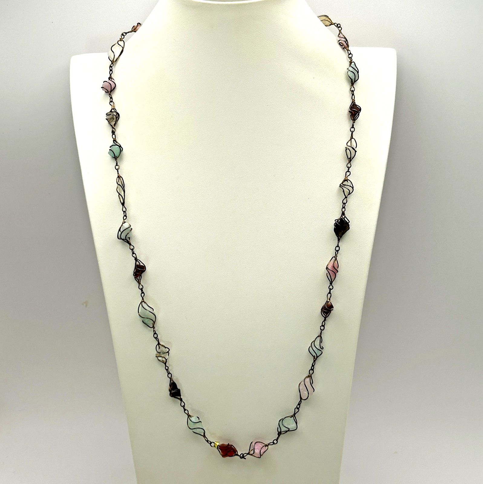 Vintage Gemstone Wire Wrapped 30” Necklace Garnet Jadeite Quartz Artisan Boho