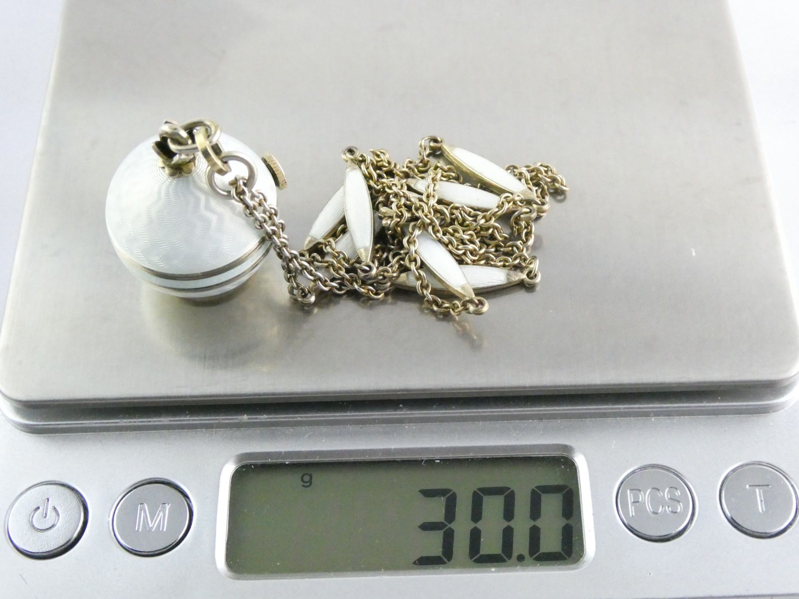Gubelin Swiss White Guilloche Enamel Watch Necklace Sterling Silver WORKING 30g