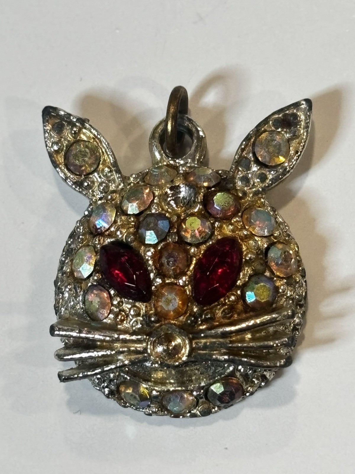 Vintage Rabbit Bunny Face Pendant AB Rhinestones Gold Tone Missing Stone