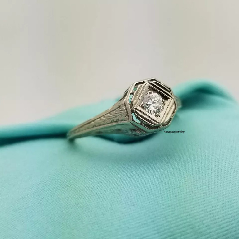 Navette Vintage 1Ct Round Cut Diamond Women Estate Ring 14K White Gold Plated