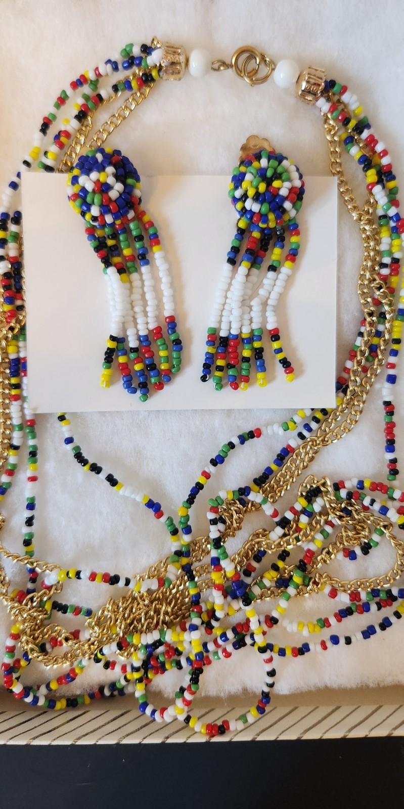 Vintage 1960s Multi Strand Rainbow Seed Bead Necklace Clip On Earrings Hong Kong