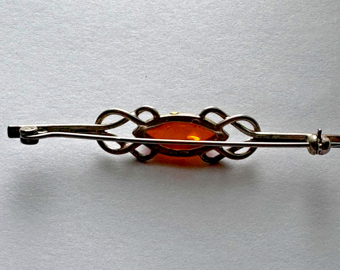 Vintage Sterling Silver 925 Amber Bar Brooch Celtic Knot Design 2″ Pin