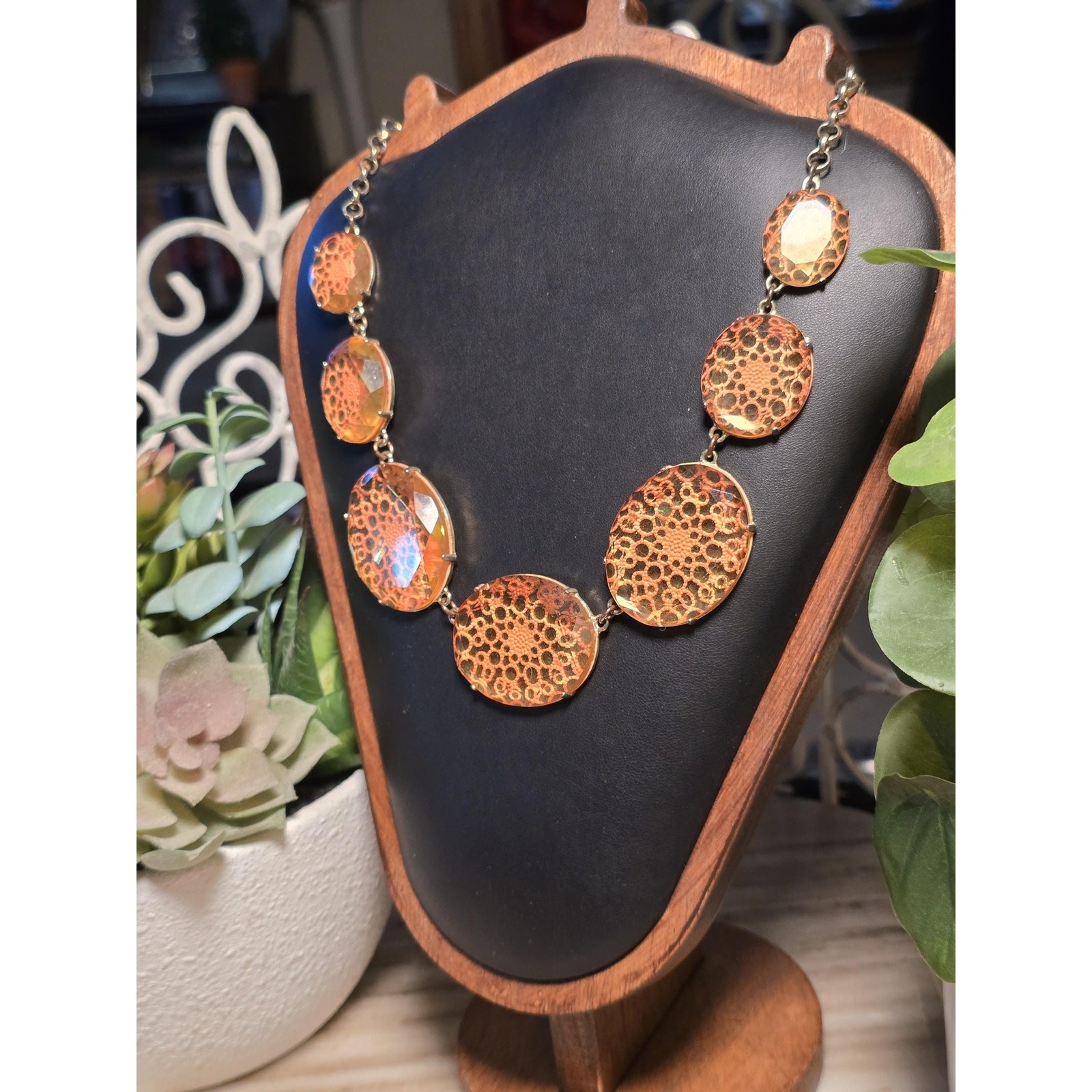 Amber Statement Necklace, Faceted Disc Bib, UV reactive