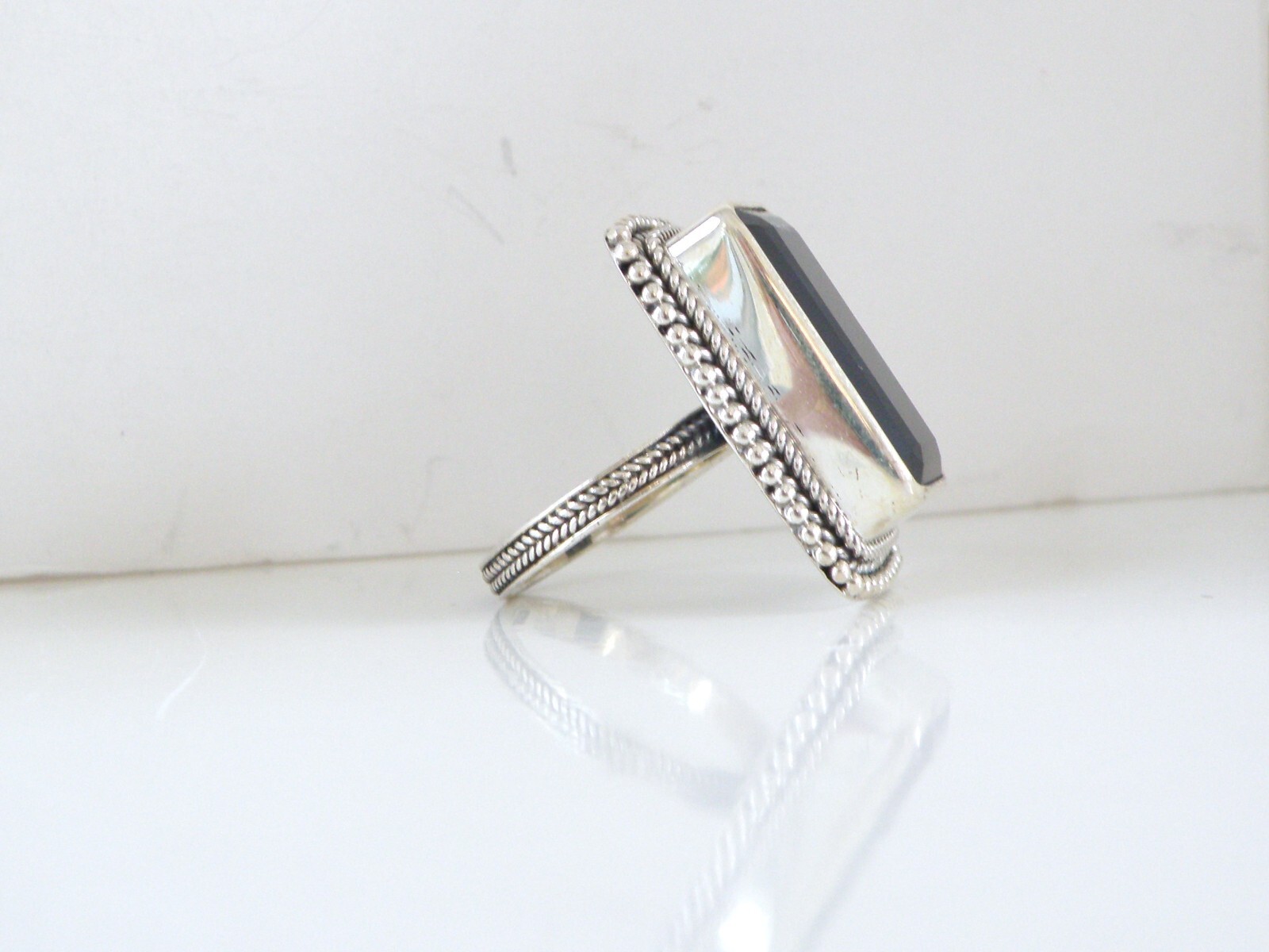 Sterling Silver 925 Natural Black Spinel Tall Elongated Ring Size 7