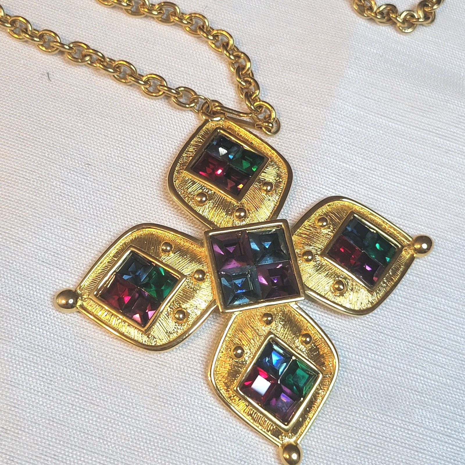 Vintage Napier Galleria Gold Tone Runway Necklace Multi Color Swarovski Crystal