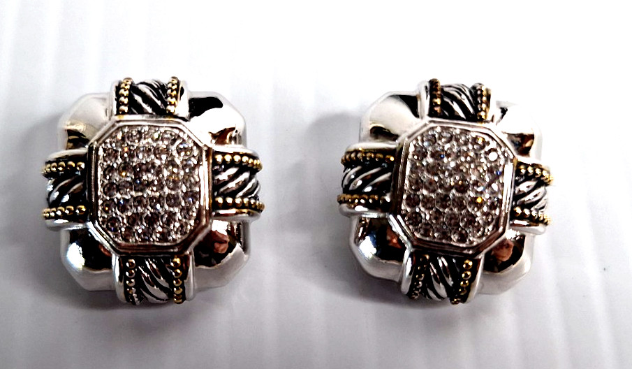 Vintage TJ CZ Clip-on Earrings Silver & Gold Tone 1980s High End Any Occasion