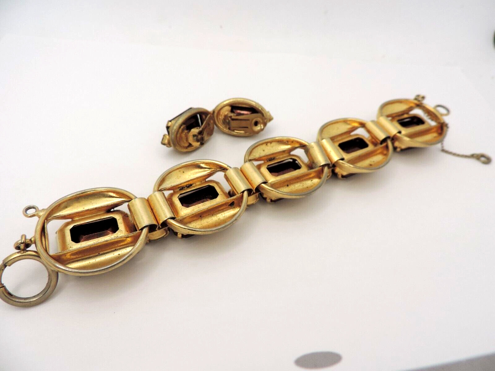 Bracelet Earrings Set 5 Link Brown Green Large Rhinestones Open Backs MCM Trendy