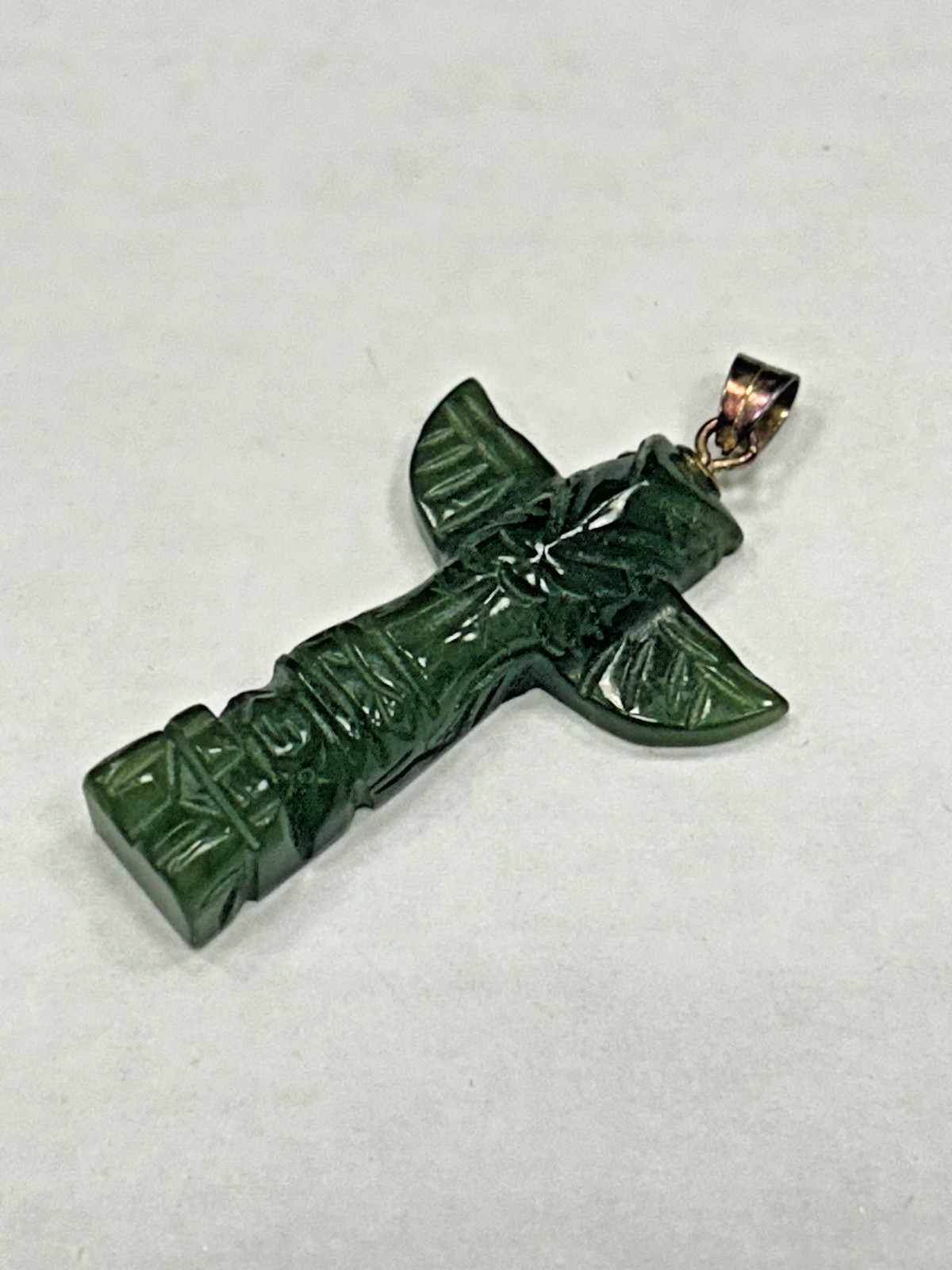 Vintage Hand Carved Jade Totem Pole Pendant Sterling Silver Bail
