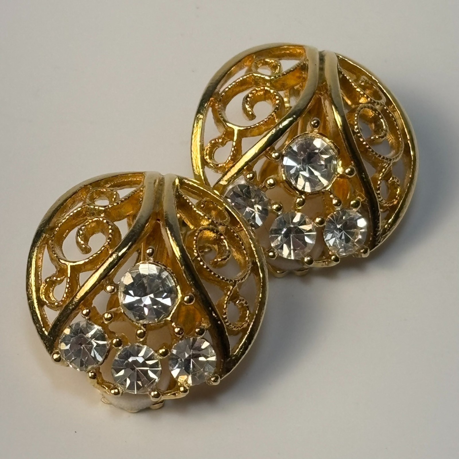 Vintage Earrings Filigree Gold Tone Rhinestones Elegant Clip On