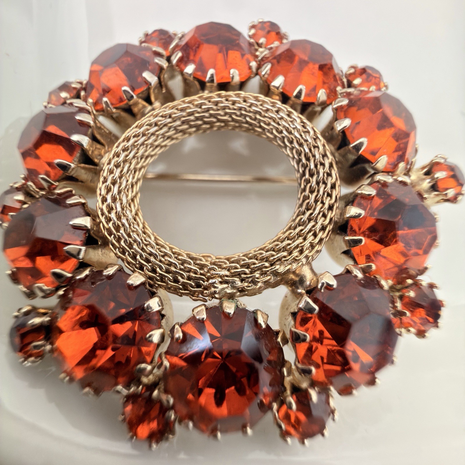 RARE Signed Weiss Fire Opal Red Rhinestone Wreath Brooch Screwback Earrings Set