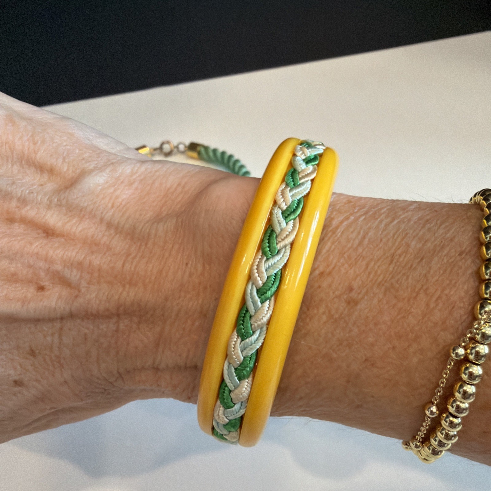 Vintage Butterscotch Bakelite Enhanced Threaded Cuff Bangle & Rope Bracelet Set