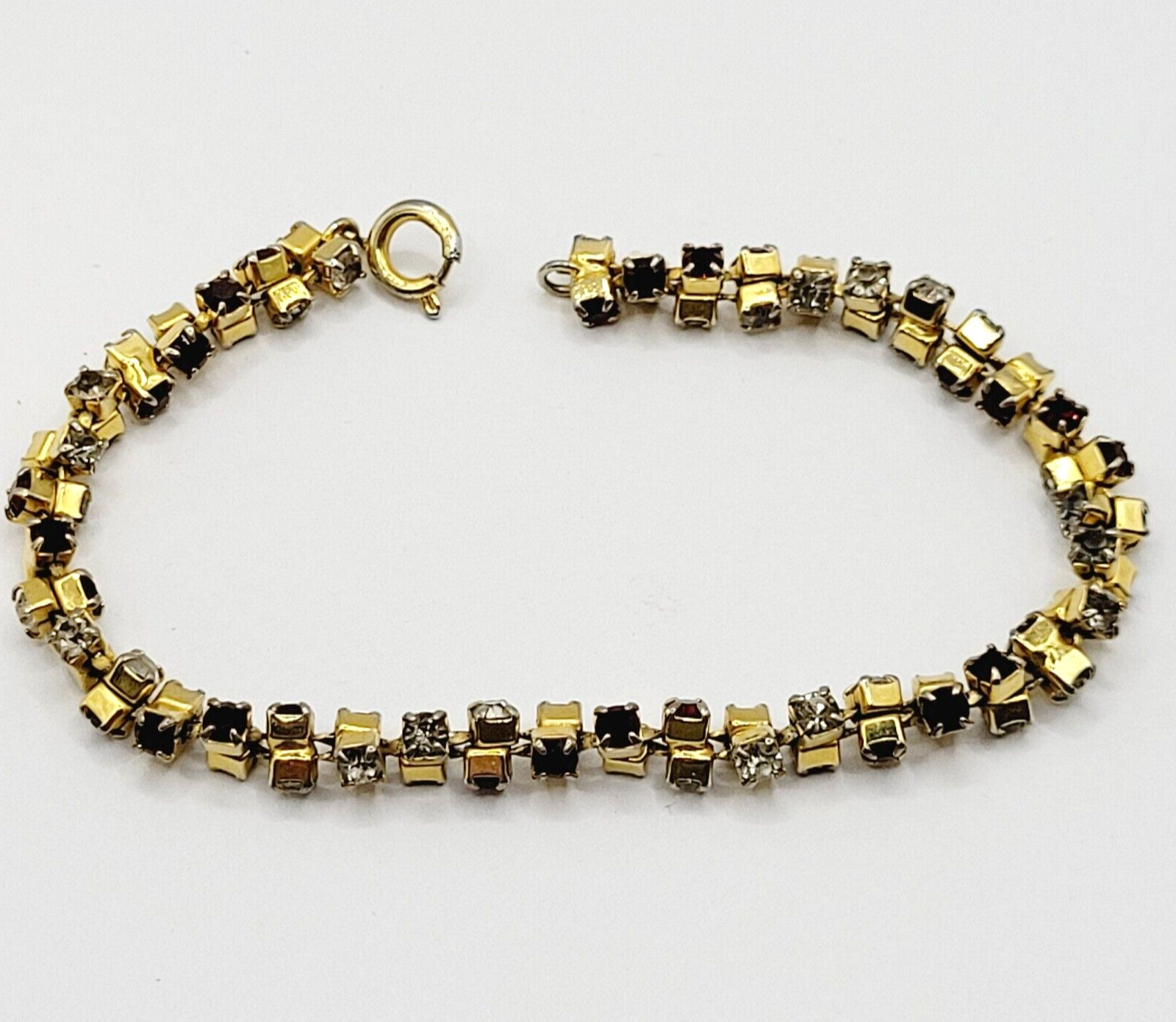 Unique Slightly Brutalist Style Gold Plated Bracelet Red White Rhinestone 7.5 In
