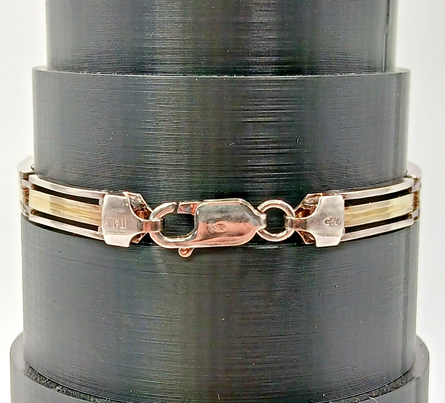 925 KI Two Tone Bar Link Bracelet 7in Unisex Sterling Silver 15g Vermeil Italy