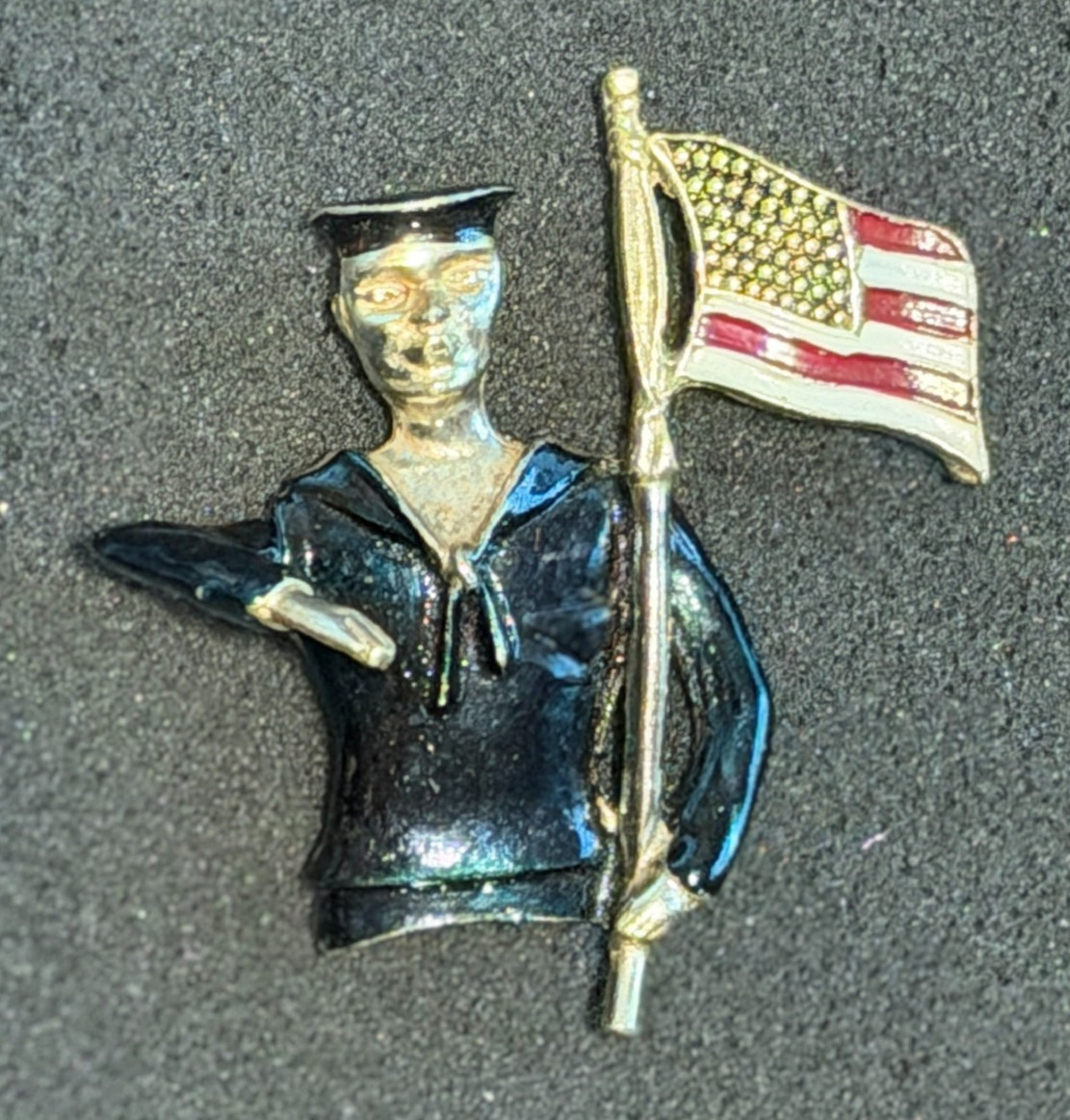 Vintage Enamel Sailor Pin with Saluting Arm and American Flag 1940s